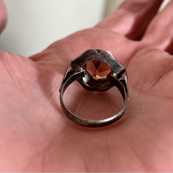 Antique Art Deco 1920’s Sterling Silver Amber Glass Victorian Signet Ring - Picture 7 of 17